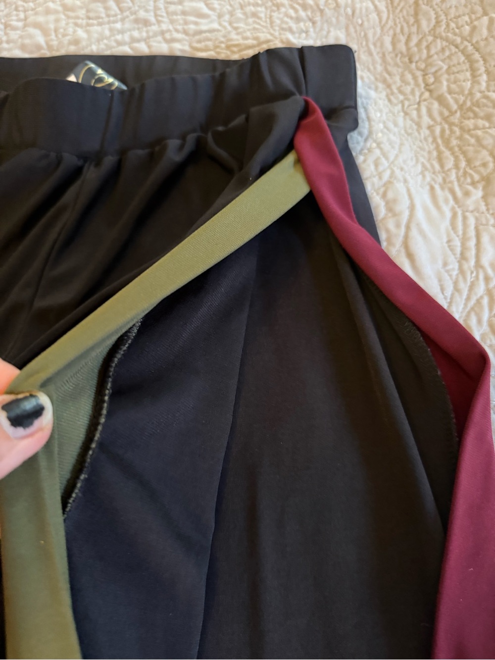 Wide-Leg open side Black Pants with Olive and Burgundy Side Stripes- Windsor - Picture 3 of 6